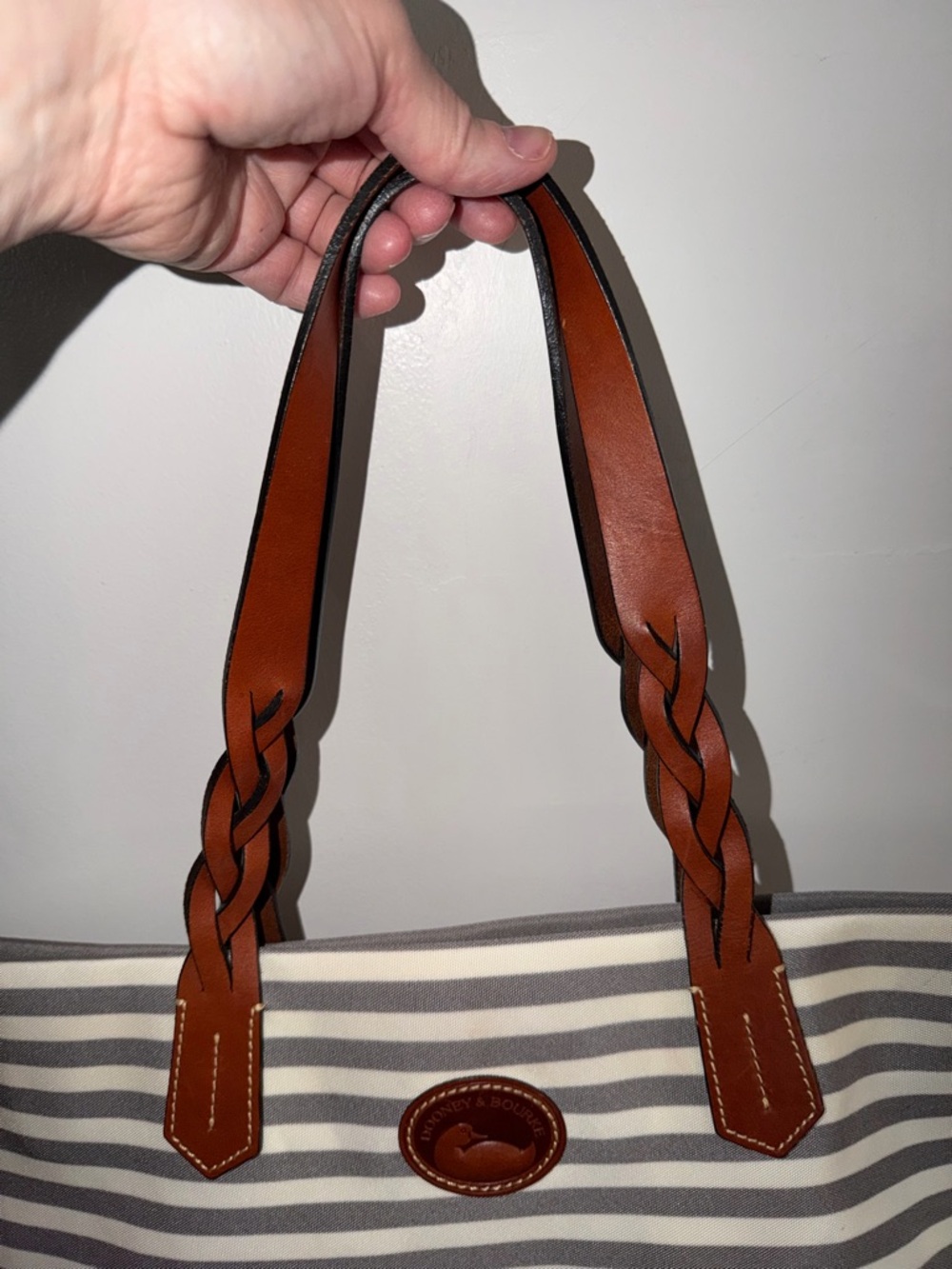 Dooney & Bourke Pink and Gray Striped Canvas Tote with Brown Leather Handles - Picture 4 of 5